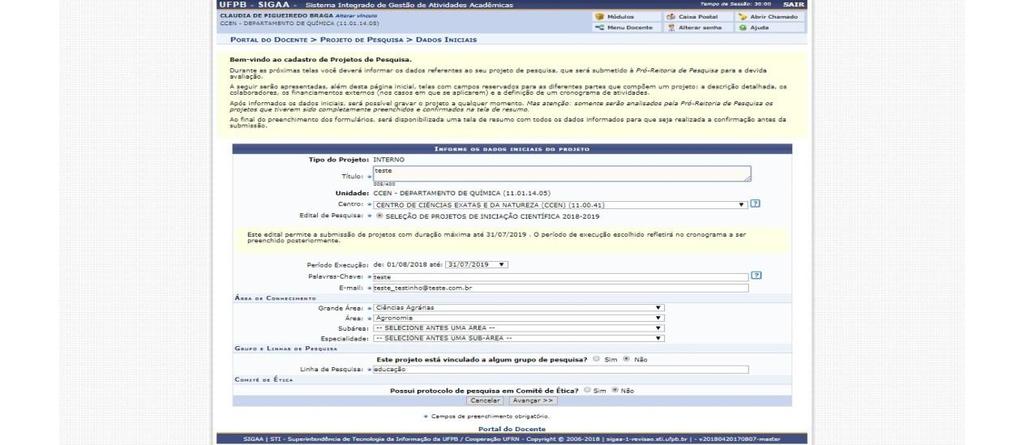 Preencher os Dados dos Projetos nas abas de Descrição Resumida, Introdução/Justificativa, Objetivos, Metodologia e Referências e, ao final, clicar em Avançar O texto de cada aba deve conter no máximo