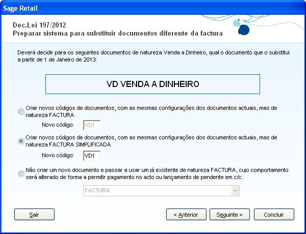 Neste ecrã o utilizador deverá indicar ao sistema o que pretende fazer; estão disponíveis as seguintes opções: Criar novo código de documento, com as mesmas configurações do documento