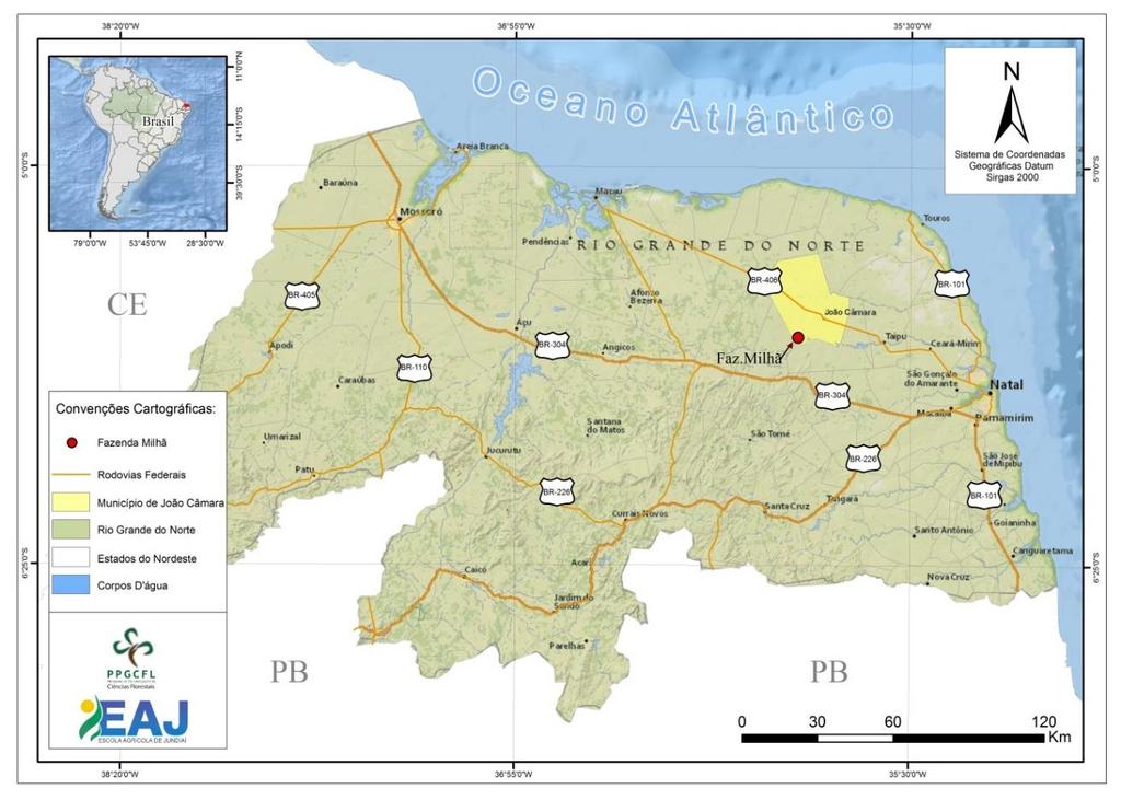 O material para estudo foi coletado na Fazenda Milhã/Poço da Pedra, localizada na região Agreste, microrregião de Serra Verde, Rio Grande do Norte, figura 1.