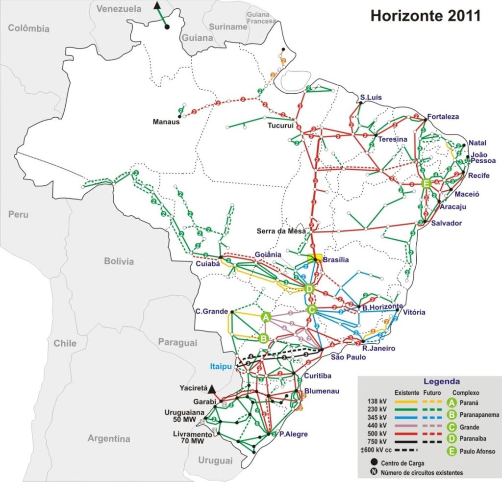 2. Sistema Elétrico Brasileiro 21 Figura 2-1- Mapa com o sistema interligado nacional (Fonte: ONS [34]) A matriz elétrica brasileira é formada majoritariamente por geração