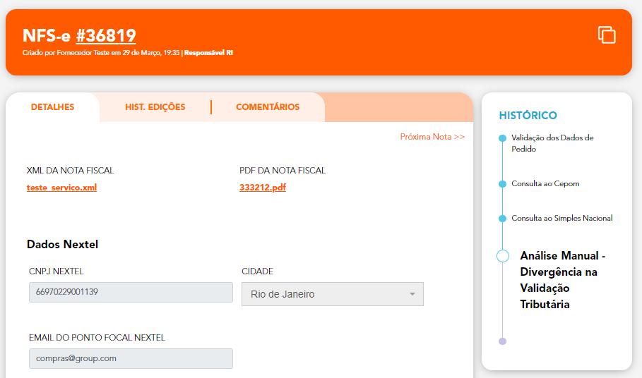 Documentos Fiscais Ao clicar na nota que deseja consultar, abrirá uma tela com mais detalhes da mesma A aba Detalhes apresenta todas as informações da nota 2 3 4 6 7 Clique aqui para duplicar essa