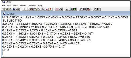 todos tem que ser maior ou igual a 0.17% que é a exigência de Sódio para as marrãs de suínos, nessa restrição não possui X1, X2, X6, X7 e X9. 0.402X3 + 0.02X4 + 0.05X5 +39.7X8 >=0.17 4.