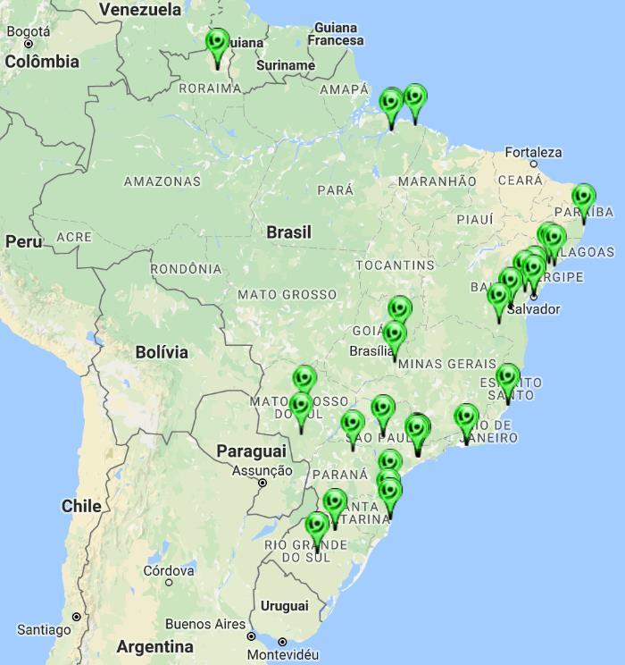 Fig. 1. Mapa de geolocalização 69 Este mapa permite visualizar uma concentração geográfica dos líderes de pesquisa em educação científica no Brasil.