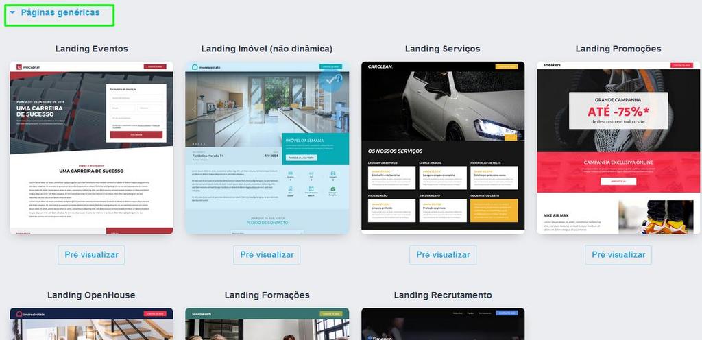 NOTA: Existem outros tipos de Landings Pages que poderá utilizar (
