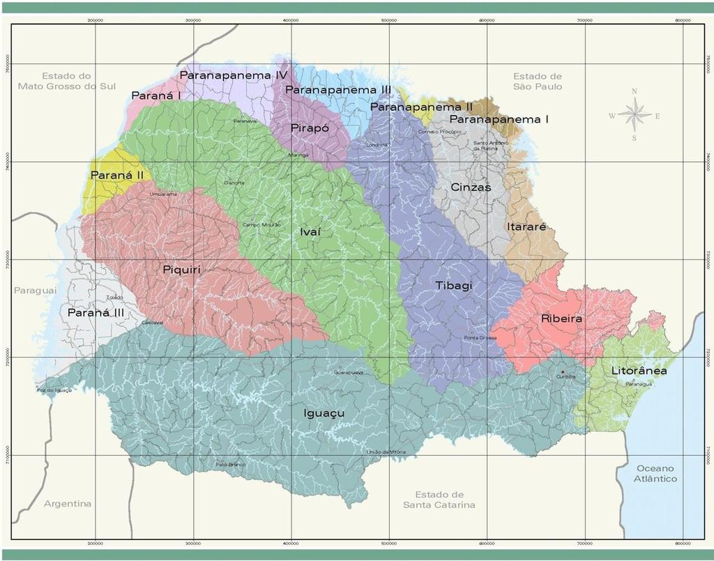 13.4.5 Bacias Hidrográficas do Estado do Paraná Bacia hidrográfica é uma região geográfica limitada por um divisor de águas (terreno mais elevado), que direciona as águas da chuva (precipitação) de