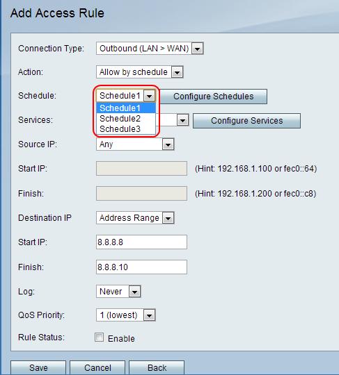 Etapa 5. Da lista de drop-down da programação, escolha uma programação aplicar-se à regra.