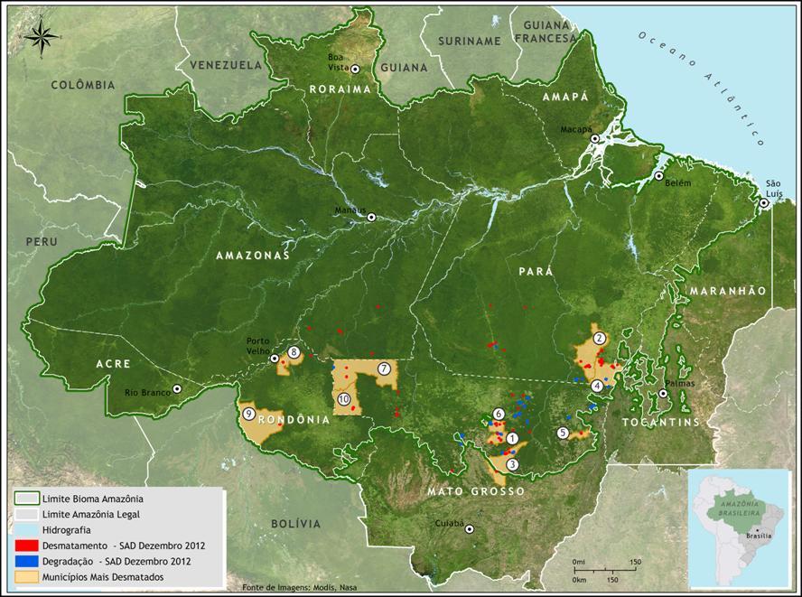 Figura 11. Municípios com maiores áreas desmatadas em dezembro de 2012 (Fonte: Imazon/SAD).