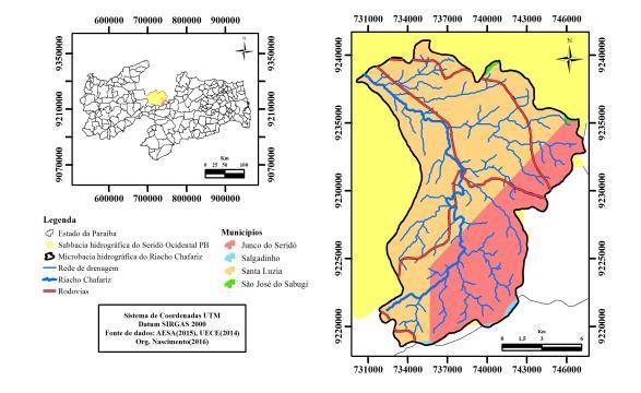 Figura 1 Mapa de localização geográfica da microbacia hidrográfica do Riacho Chafariz. Fonte: AESA (2011) /UECE (2014). Elaborado por Nascimento et al. (2016).