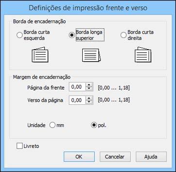 3. Selecione as opções de impressão em frente e verso que deseja utilizar. 4. Clique em OK para retornar à guia Principal. 5.