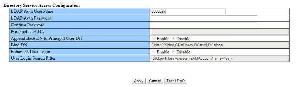 Incorpore o nome de usuário e senha do AUTH LDAP. Este usuário precisa de existir nos cn=users, DC=domain, DC=com. Etapa 9. O clique aplica-se. Etapa 10.