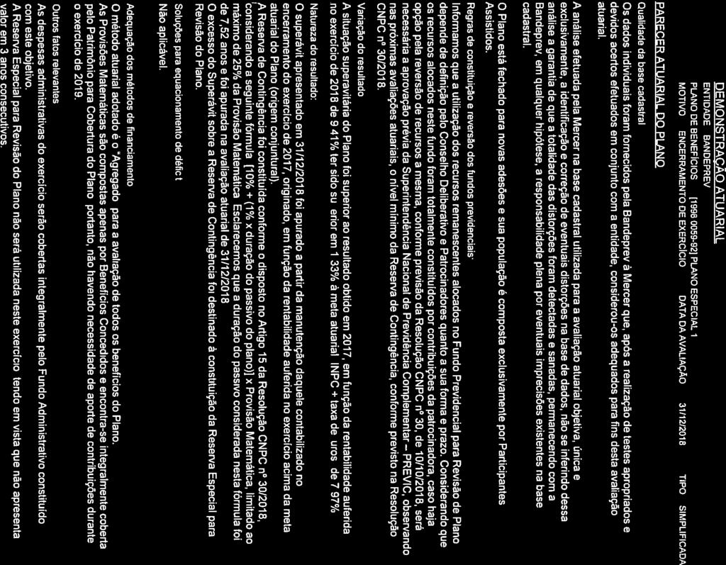 Assistidos. CNPC no 30/2018. o exercício de 2019. valor em 3 anos consecutivos. - - DEMONSTRACÃO ATUARIAL ENTIDADE: BANDEPREV PLANO DE BENEFÍCIOS: [1998.