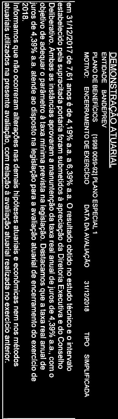 Cç_. DEMONSTRAÇÃO ATUARIAL ENTIDADE: BANDEPREV PLANO DE BENEFÍCIOS: 119980059-921 PLANO ESPECIAL 1 MOTIVO: ENCERRAMENTODEEXERCICIO DATADAAVALIAÇAO: 31/12/2018 TIPO: SIMPLIFICADA em 31/12/2017 de 7,61
