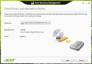 Recuperação - 23 1. A partir de Iniciar, introduza 'Recovery' e depois clique em Acer Recovery Management na lista de aplicações. 2. Clique em Criar Cópia de Segurança de Controladores e Aplicações.