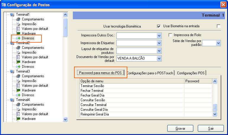Usar tecnologia Biométrica: uso de tecnologia biométrica para identificação de vendedor e cliente Implica a configuração do respectivo dispositivo na secção Hardware.