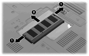 b. Segure as extremidades do módulo de memória (2) e puxe-o cuidadosamente para fora da ranhura. Para proteger o módulo de memória removido, guarde-o num recipiente à prova de energia electrostática.