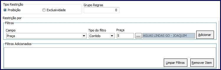 3.1 Marque o Tipo de Restrição e informe o campo Grupo Regras. Selecione Restrição por de acordo com a necessidade, no Campo da caixa Filtros e selecione o Tipo do filtro; 3.