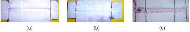 Ensaio de líquido penetrante com (a) formulação 1 com Cordierita, (b) formulação 6 com Magnesita e (c) formulação 11 com Bauxita A figura 5 apresenta macrografias da seção transversal do cordão de