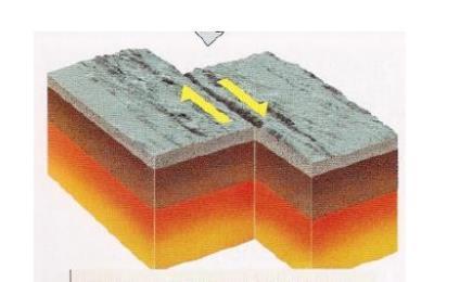 CONSERVATIVO: as placas se movimentam de forma lateral horizontal uma ao lado da outra e em sentidos contrários sem gerar ou destruir a litosfera.