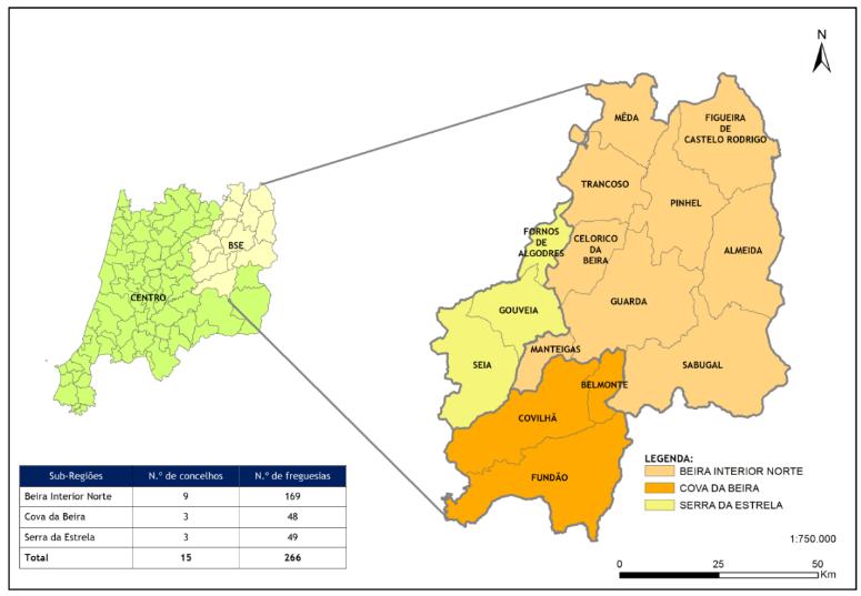 Beiras e Serra da Estrela O território em estudo da figura 2 engloba quinze concelhos, distribuídos por dois distritos distintos.