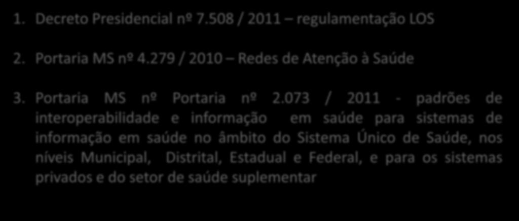 Novo contexto Político-Institucional 1. Decreto Presidencial nº 7.508 / 2011 regulamentação LOS 2. Portaria MS nº 4.279 / 2010 Redes de Atenção à Saúde 3. Portaria MS nº Portaria nº 2.