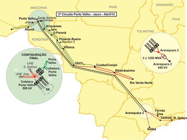 Figura 35 - Sistema de Interligação das Usinas do Rio Madeira As primeiras unidades geradoras da UHE Santo Antônio (casa de força da Margem Direita) foram integradas ao sistema Acre - Rondônia em