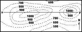 (02) Os pontos mais baixos da área representada na figura estão na porção norte. (04) As altitudes máximas da área estão representadas pela curva de nível de 1000 metros.