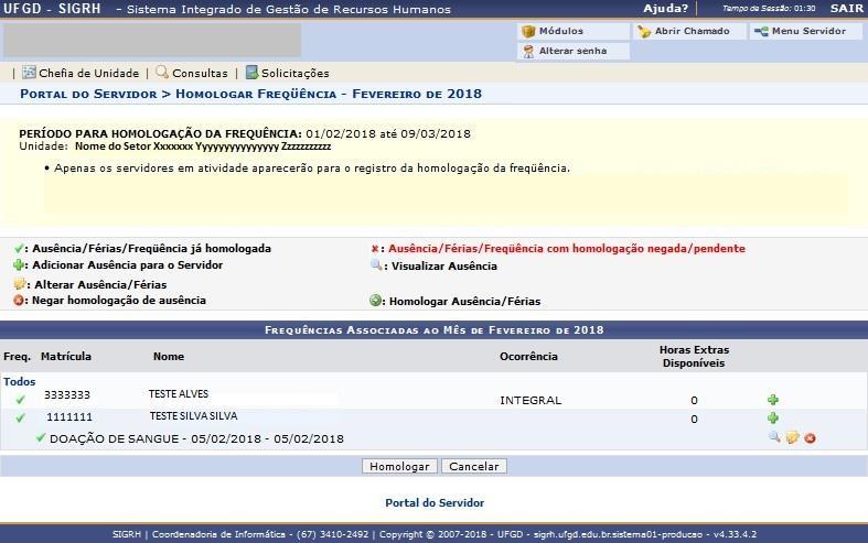 7.1 Alterar a Homologação da Frequência Efetuada a homologação da frequência, caso seja homologada equivocadamente alguma ausência, a alteração da ausência poderá ser feita pelo menu Homologar