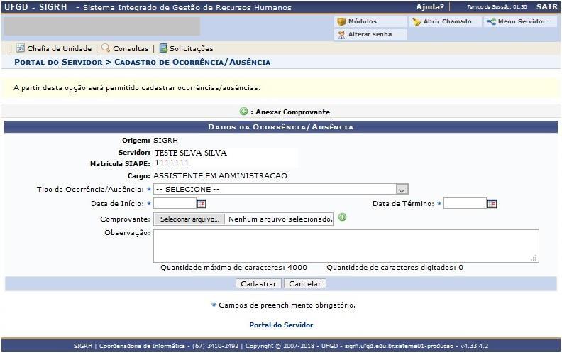SIGRH > Solicitações > Ausências/Afastamentos > Informar Ausência ATENÇÃO: A informação da ausência no