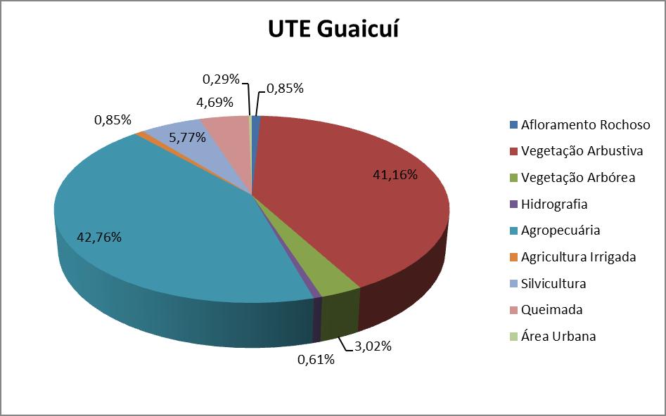 Segundo dados do PDRH Rio das Velhas (2015), os usos antrópicos representam 54,4% da superfície da UTE Guaicuí.