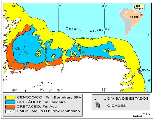 A Figura 1 apresenta o mapa geológico simplificado da Bacia Potiguar. Figura 1: Mapa geológico simplificado da Bacia Potiguar. Fonte: antas, 1998.