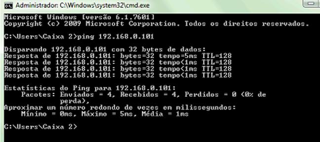 Teste de Comunicação da Rede 1: Abra o cmd e digite o IP do computador que está instalado o SAT: A resposta do CMD deve