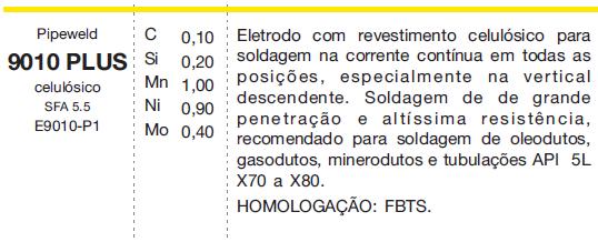 4.2 SELEÇÃO DOS CONSUMÍVEIS (ASME II PARTE C e API 1104) Para os processos de soldagem, foram utilizados os consumíveis de acordo com as características finais desejadas do cordão de solda e