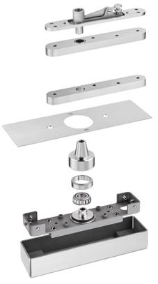 Patente internacional / 40 mm Max: 1500 mm Complete set of pivot for single or double action doors / D adjustment system. All components in stainless steel. With bearings in the upper and lower pivot.