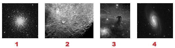 Podemos afirmar que as imagens enumeradas na figura (1, 2, 3 e 4) são respectivamente: a) Aglomerado de Estrelas, Lua, Nuvem Interestelar, Galáxia b) Nuvem Interestelar, Lua, Aglomerado de Estrelas,