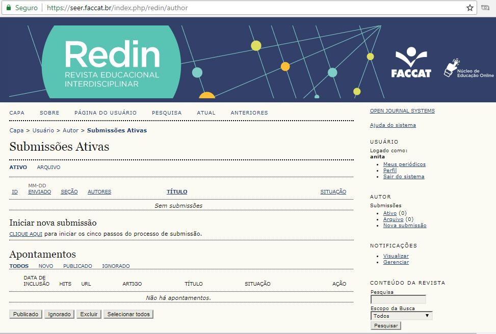 4º Passo: Submissão dos trabalhos Após realizar o acesso à Revista, o sistema lhe direcionará para a sua área de usuário.