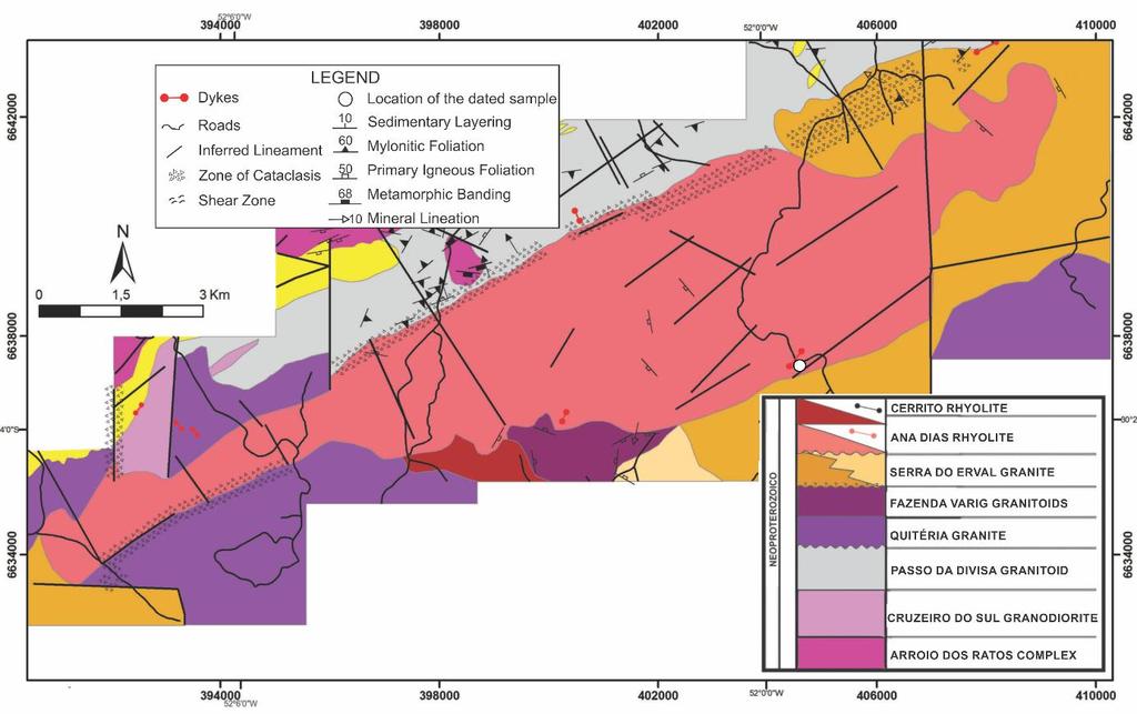 38 Figure 2 Simplified geological map of the Ana Dias Rhyolite region (modified from UFRGS 2006 & 2007 and Gregory, 2009). 4.