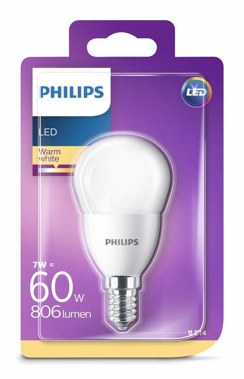 PHILIPS LED Esférica 7 W (60 W) E14 Branca quente Intensidade não regulável Uma luz confortável para os seus olhos A luz de fraca qualidade pode causar