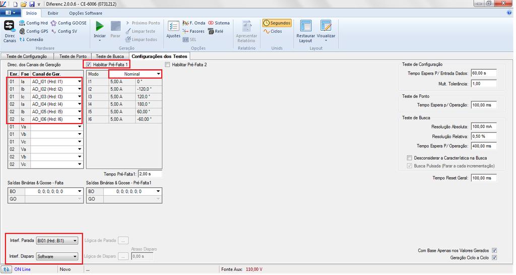 8. Estrutura do teste para a função 87 8.1 Configurações dos Testes Nessa aba associam-se os canais da mala com as fases do relé, configura-se o sinal de trip com a entrada binária.