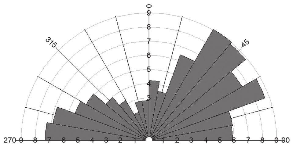 Figura 5 Frequência absoluta das principais direções da totalidade dos lineamentos representada em diagrama estatístico de roseta.