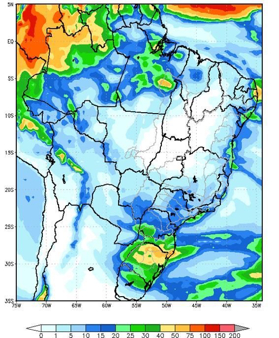 Figura 1 - Precipitação acumulada prevista pelo modelo ETA (CPTEC/INPE) para o período de 13/07 a 19/07/19 Nas bacias dos rios Paranapanema, Grande, Paranaíba e Iguaçu, e parte das bacias dos rios