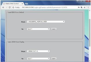 Interface Web GUI: Gestão de EDID Na interface de EDID Management, pode carregar dados EDID predefinidos em