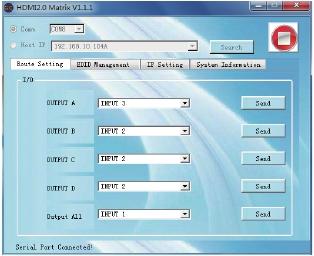 Interface de controlo de software do PC: Configuração de rota Na interface Route Setting, pode definir qualquer porta de entrada para qualquer porta de saída, uma por uma, ou qualquer porta de