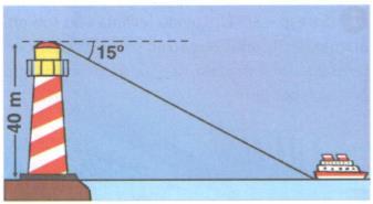 7) Do topo de um farol situado a 40 m acima do nível do mar, o ângulo de depressão de um barco (figura abaixo) é de 15º. Determine a distância do barco ao farol.