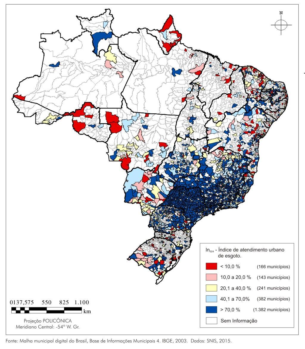 FIGURA 6 Representação espacial do índice de atendimento urbano por rede coletora de esgotos (indicador IN 024 ) dos municípios cujos prestadores de