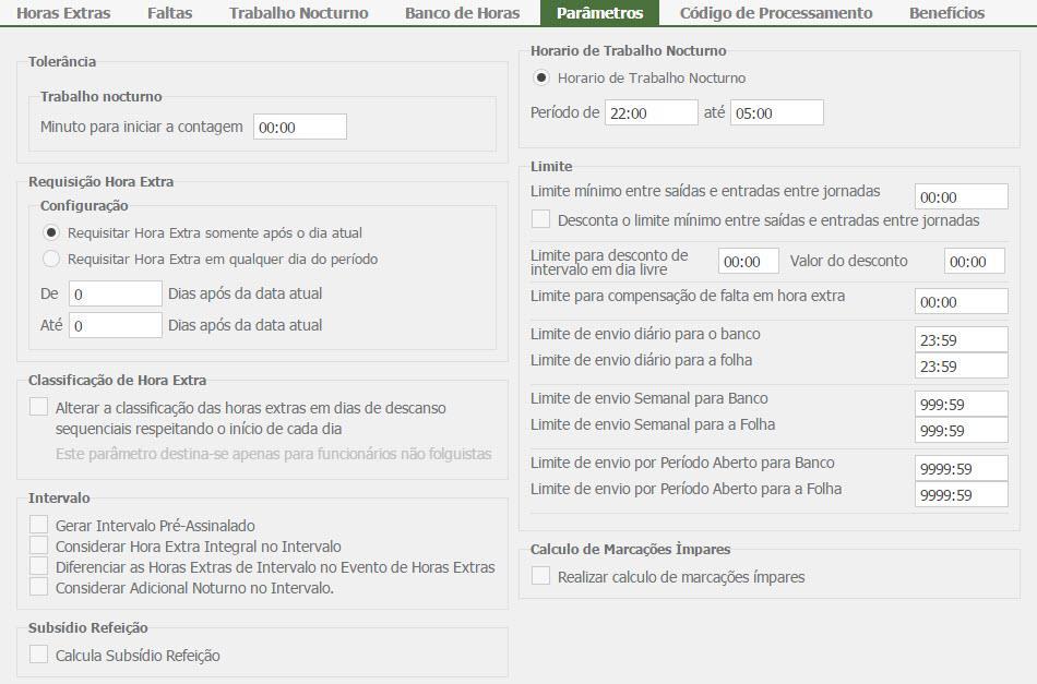 Aba Parâmetros: Minuto para iniciar a contagem: Informe nesse campo a quantidade em minutos que o sistema passará a considerar como trabalho nocturno (HH:mm).