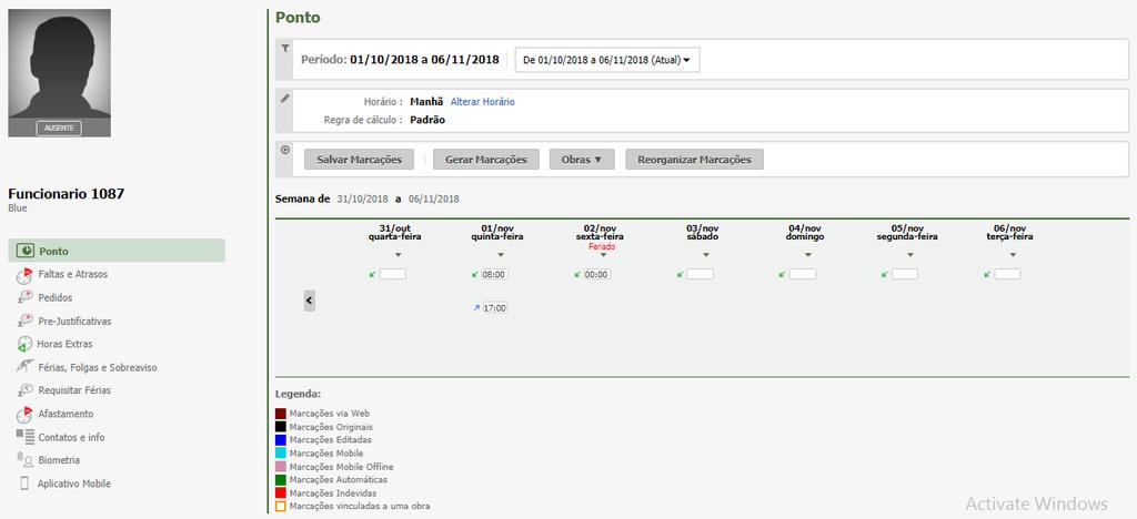 A partir dessa tela, é possível alterar horário de expediente e regra de cálculo Realize a inserção das marcações faltantes. É possível vincular ou desvincular um intervalo de apontamentos às obras.