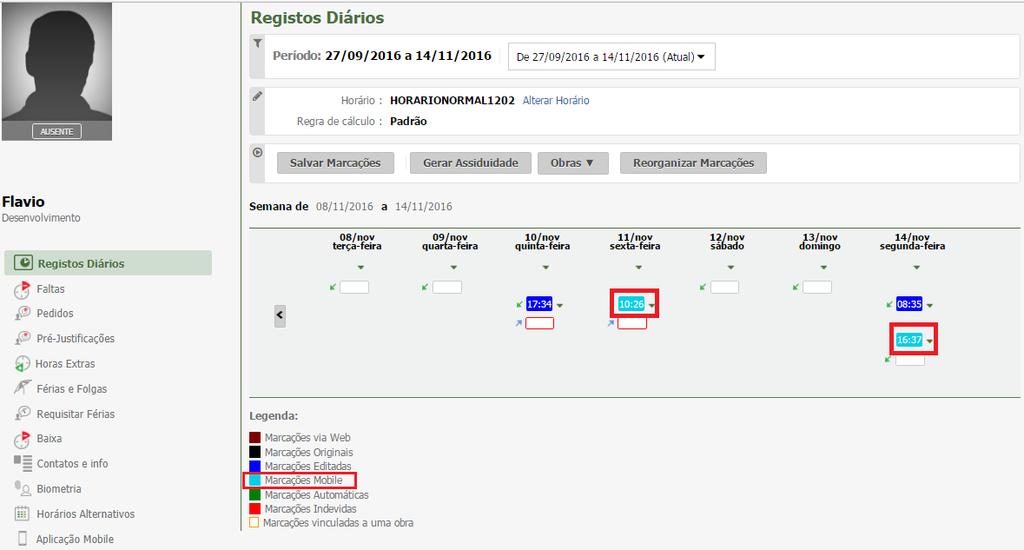 19.7.7. Editar Ponto Foi adicionado à rotina Registros Diários mais uma legenda para que o utilizador consiga identificar se a marcação de registro diário foi realizada via Mobile.