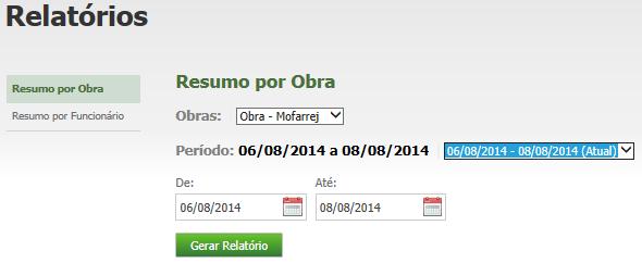 Aba Relatórios Resumo por Obra Será gerado um relatório de obras associadas aos funcionários, organizado por Obra.