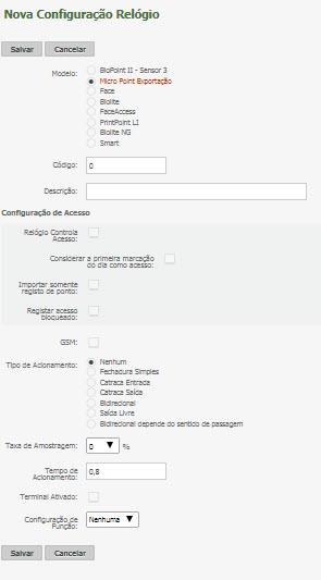 Configuração de Acesso: permite diferenciar a marcação de acesso da marcação de ponto utilizando função no mesmo relógio.