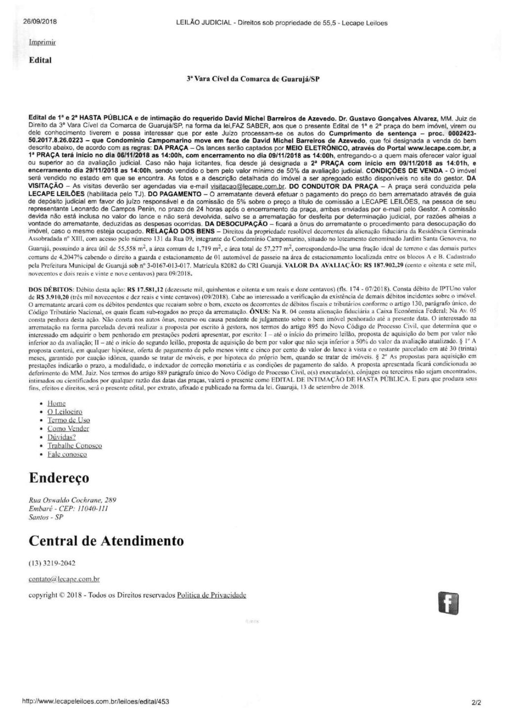 26/09/2018 LEILÃO JUDICIAL - Direitos sob propriedade de 55,5 - Lecape Leiloes zyxwvutsrqponmlkjihgfedcbazy fls.